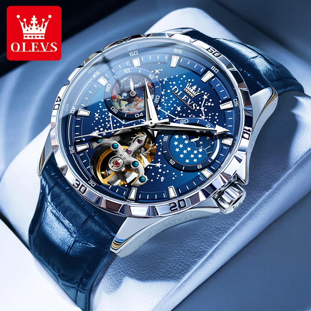 OLEVS – Montre Mécanique Automatique Homme Étanche avec Phase de Lune Étoilée, Design Élégant et Haut de Gamme