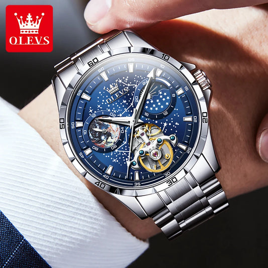 OLEVS – Montre Mécanique Automatique Homme Étanche avec Phase de Lune Étoilée, Design Élégant et Haut de Gamme